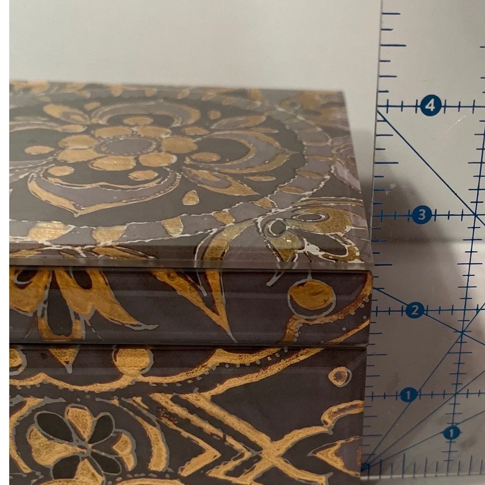 Pottery Barn Gold Grey Deco Box Small Square Jewelry Keepsake Box 5.75in